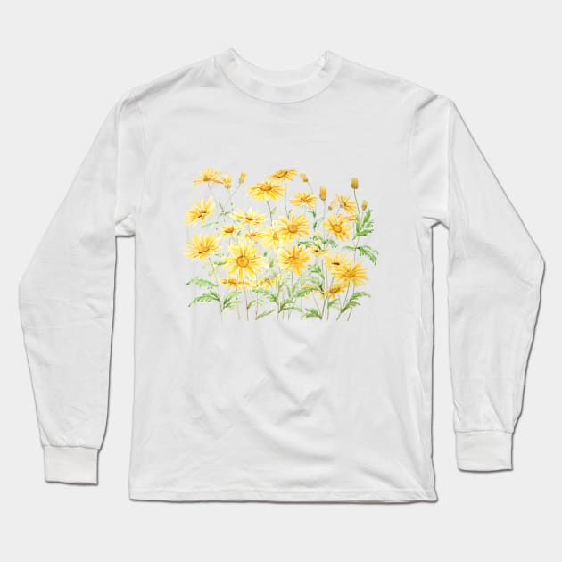 Yellow Margaret Daisies branch watercolor Long Sleeve T-Shirt by colorandcolor
